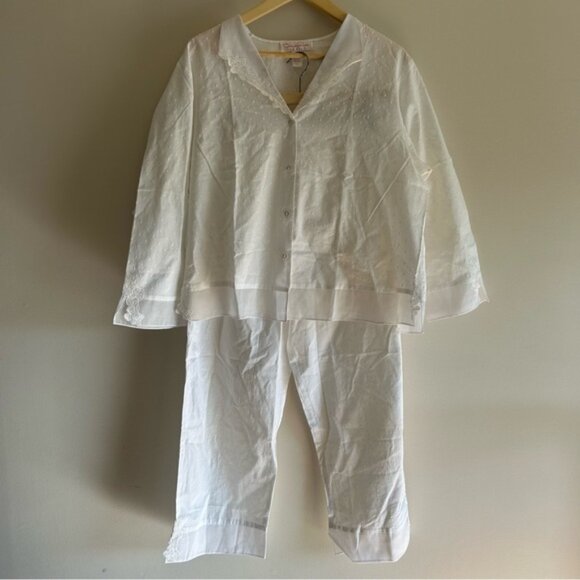 Vintage Oscar De La Renta Pink Label White Cotton Pajamas Set - Picture 1 of 13